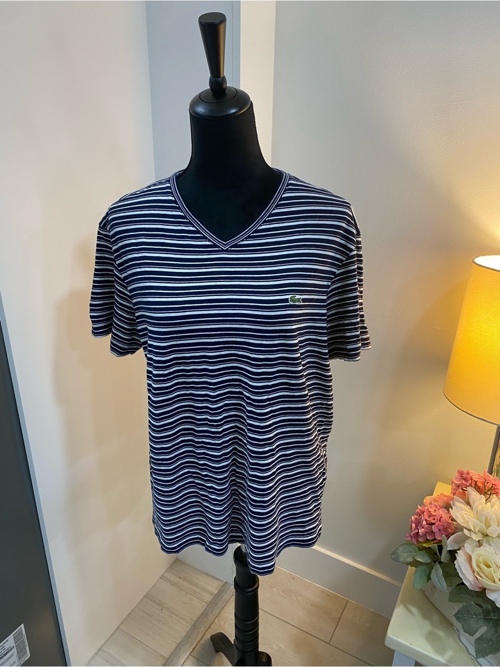 Lacoste Navy and White Striped V‑Neck Short Sleeve Tee